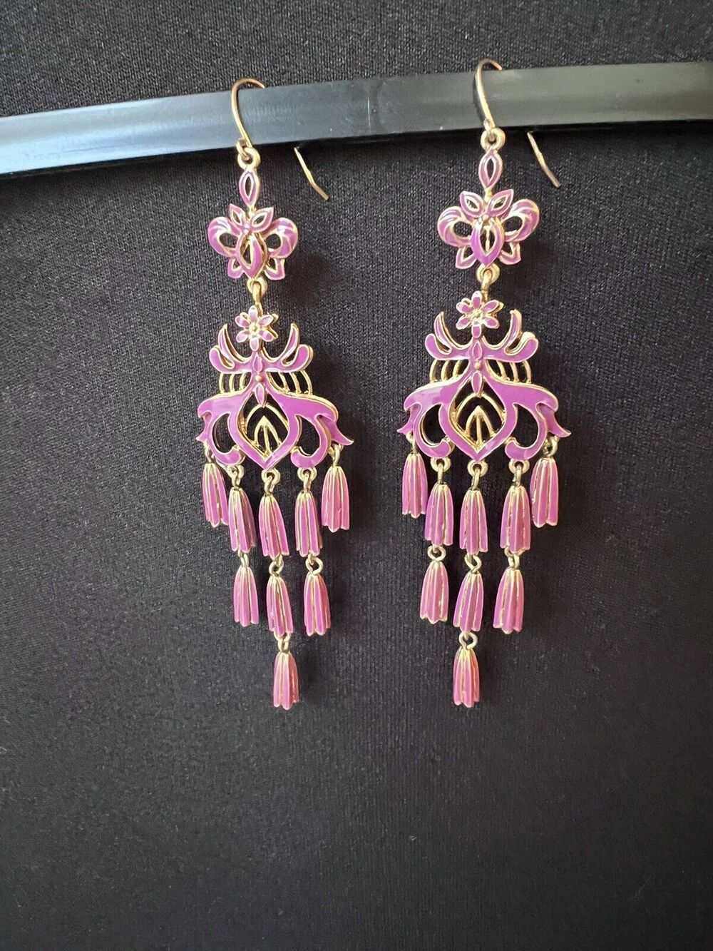 Forest Fairy Chandelier Earrings Tassel Mauve Enameled Tiny Flower French Wire